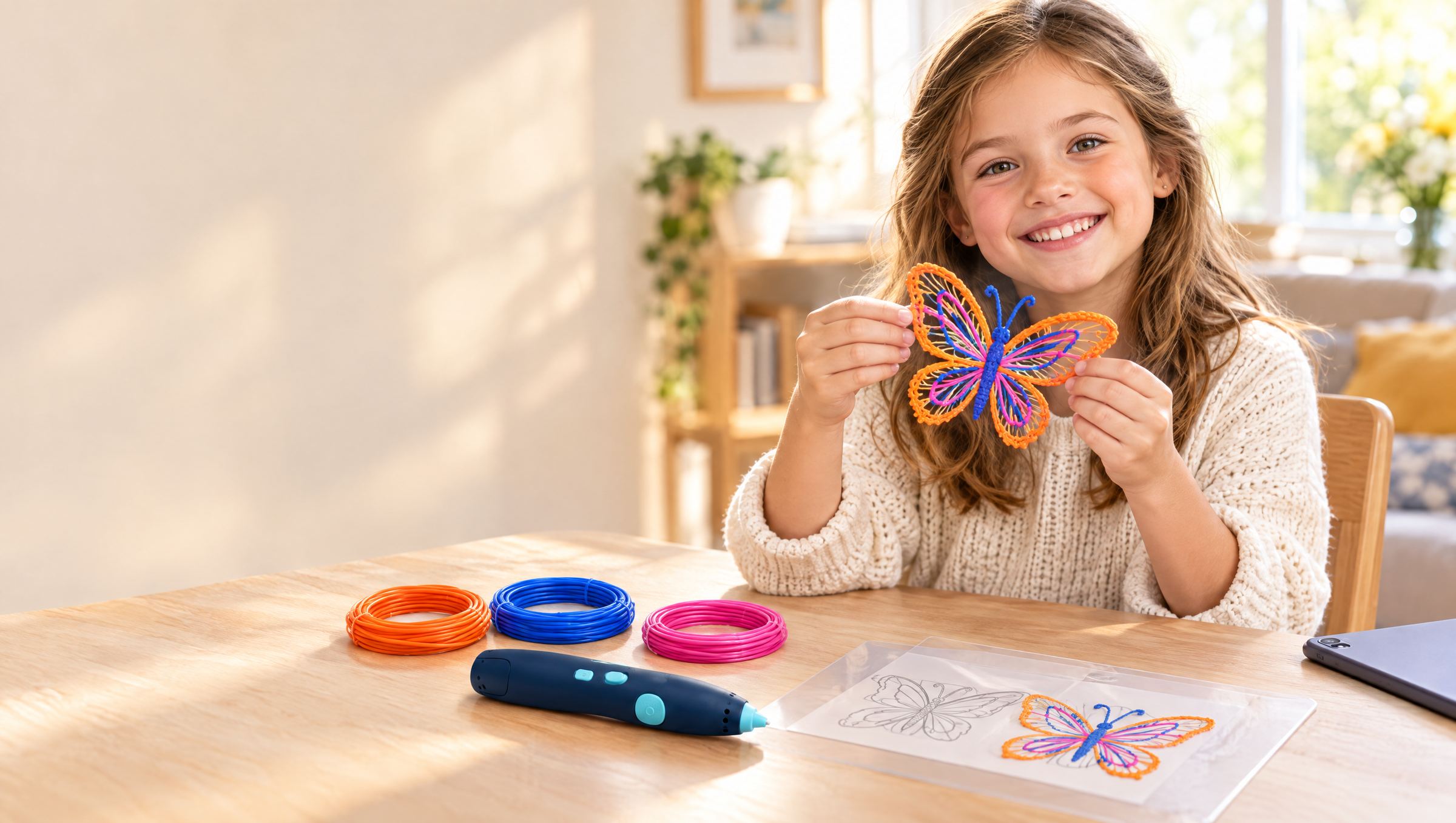 Enfant fière de son papillon créé au stylo 3D