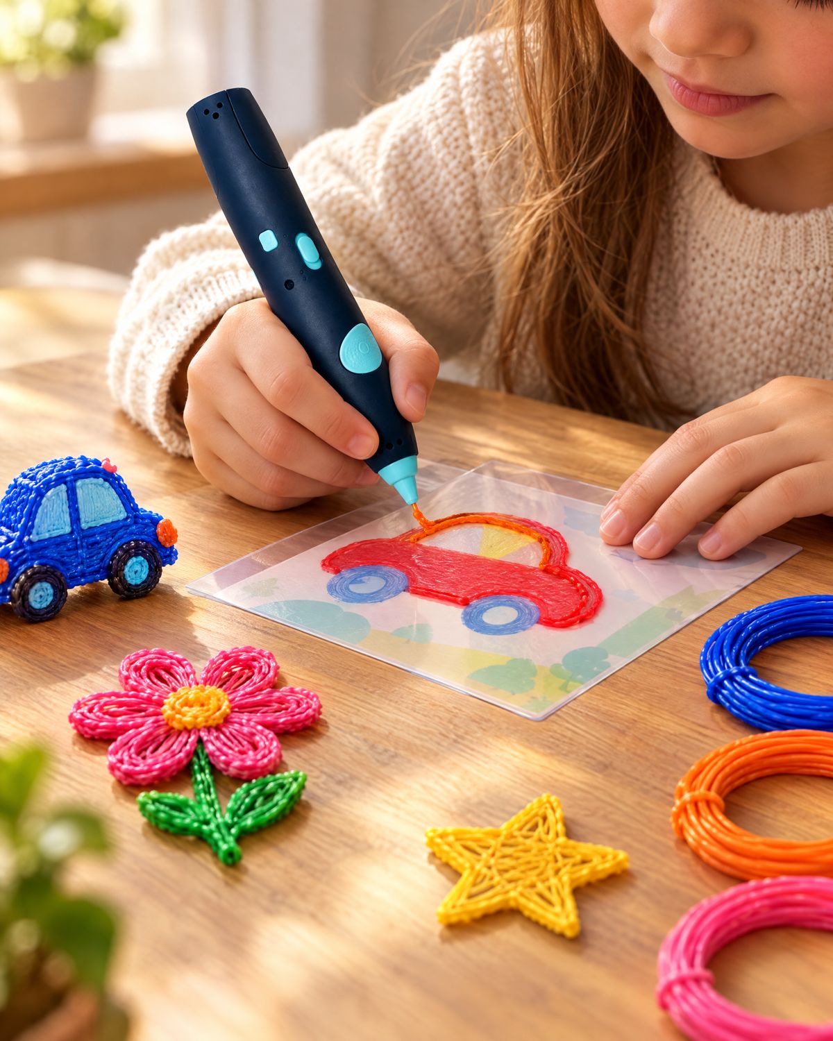 Enfant qui dessine une voiture au stylo 3D